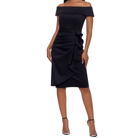Xscape Evenings Ruffle Off the Shoulder Scuba Knit Dress black size 8 - Picture 1 of 8
